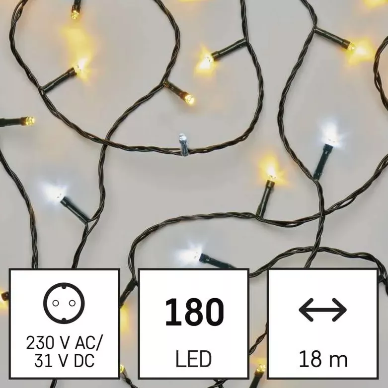 Lampki choinkowe 180 LED 18m ciepła+zimna biel, zielony przewód IP44