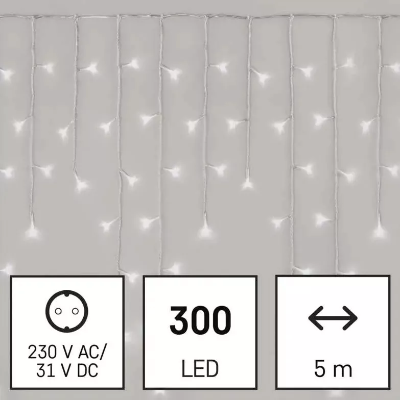 Oświetlenie świąteczne sople 300 LED 5m zimna biel 8 programów