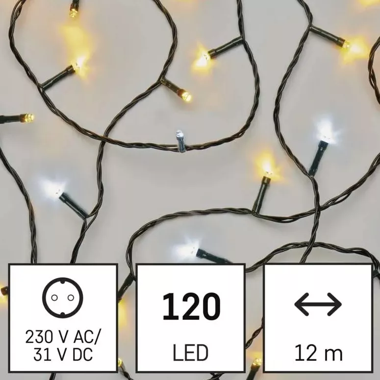 Lampki choinkowe 120 LED 12m ciepła+zimna biel, zielony przewód IP44